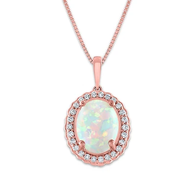 LoveSong 10X8MM Oval Opal and Diamond Halo 18-inch Pendant in 10KT Rose Gold