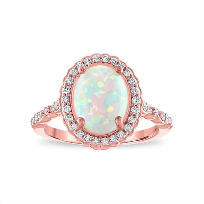LoveSong 10X8MM Oval Opal and Diamond Halo Ring in 10KT Rose Gold