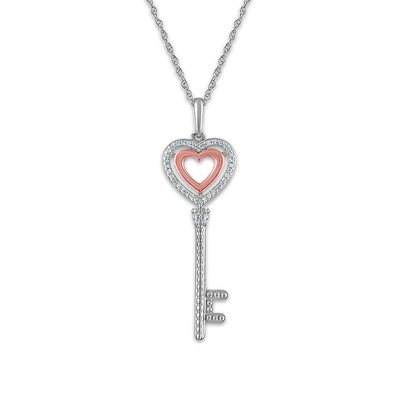 LoveSong 1/16 CTW Natural Diamond Heart Key 18-inch Pendant in Sterling Silver