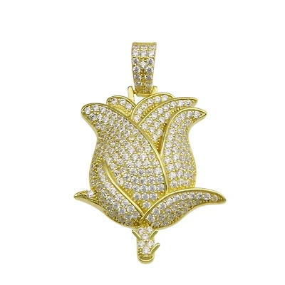 Luxe Layers 14KT Yellow Gold Plated Sterling Silver Cubic Zirconia 28X45MM Rose Pendant-Chain Not Included