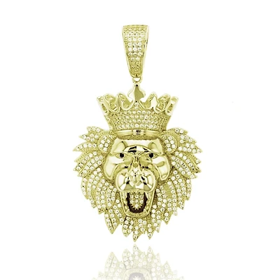Luxe Layers 14KT Yellow Gold Plated Sterling Silver Cubic Zirconia 62X37MM Lion Head Pendant. Chain Not Included