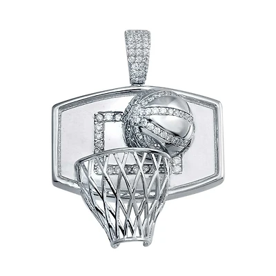 Luxe Layers Sterling Silver Cubic Zirconia 31X42MM Basketball Net Pendant-Chain Not Included
