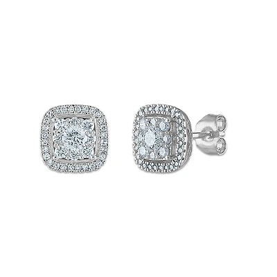 Signature 3/4 CTW Natural Diamond Halo Stud Cushion Earrings in 14KT White Gold