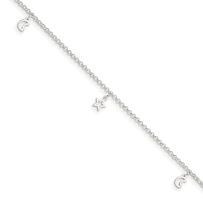 Sterling Silver 10-inch Celestial Moon and Star Anklet