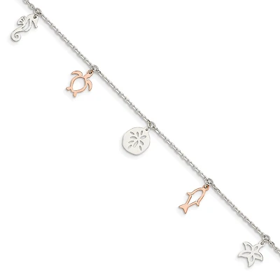 Rose Gold Plated Sterling Silver Turtle, Sand dollar, Seahorse Anklet