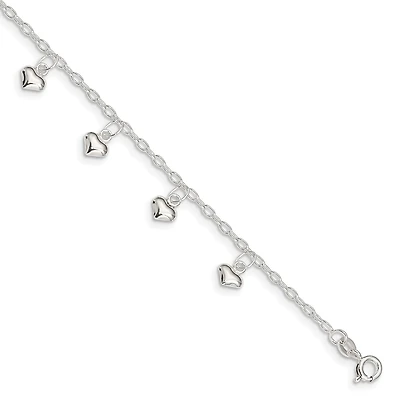 Sterling Silver 9-inch Heart Anklet