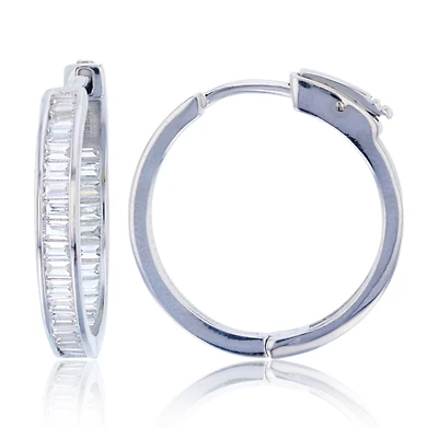 Sterling Silver Baguette Cubic Zirconia 3X25MM Safety Clasp In & Out Hoop Earrings