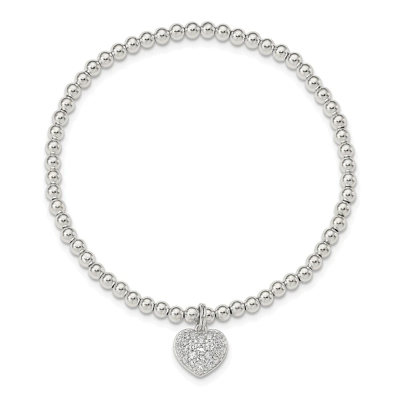 Sterling Silver Cubic Zirconia 7-inch 3MM Beaded Stretch Heart Bracelet