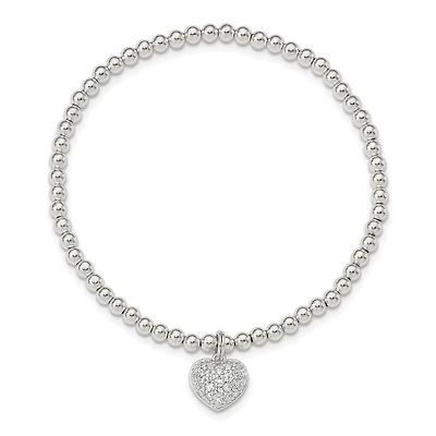 Sterling Silver Cubic Zirconia 7-inch 3MM Beaded Stretch Heart Bracelet