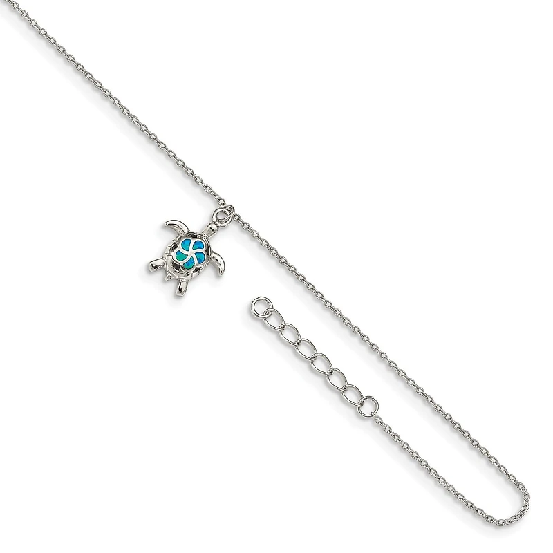 Sterling Silver Opal 10-inch Turtle Anklet