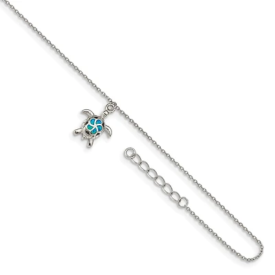 Sterling Silver Opal 10-inch Turtle Anklet