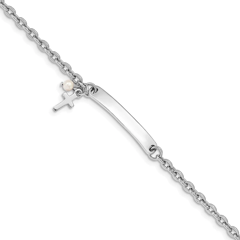 Sterling Silver and Pearl 7-inch Cross ID Bracelet