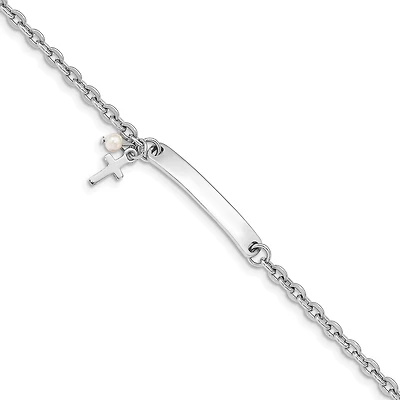 Sterling Silver and Pearl 7-inch Cross ID Bracelet