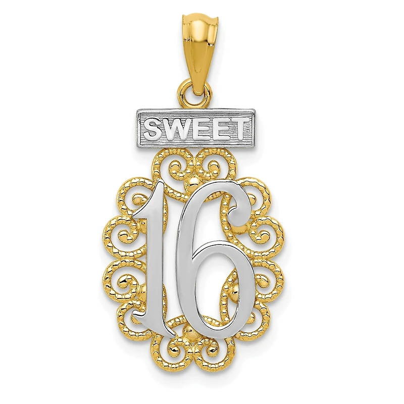 14KT Yellow Gold with Rhodium Plating 27X13MM Sweet 16 Charm. Chain not Included