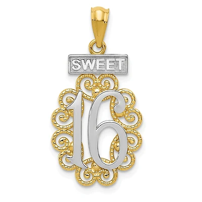 14KT Yellow Gold with Rhodium Plating 27X13MM Sweet 16 Charm. Chain not Included