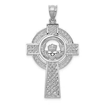 14KT White Gold 40X22MM Claddagh Cross Pendant. Chain Not Included