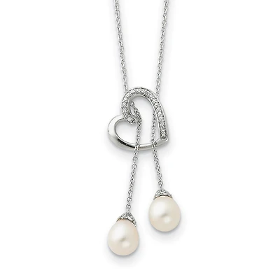 Pearl and Cubic Zirconia Heart 18-inch Necklace in Sterling Silver