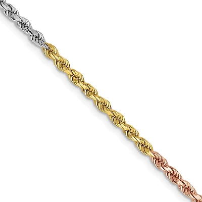 14KT Gold Tri-Color 20-inch 2.5MM Diamond-cut Lobster Clasp Rope Chain