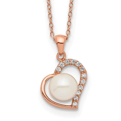 7X8MM Pearl Heart 17-inch Pendant in Rose Gold Plated Sterling Silver