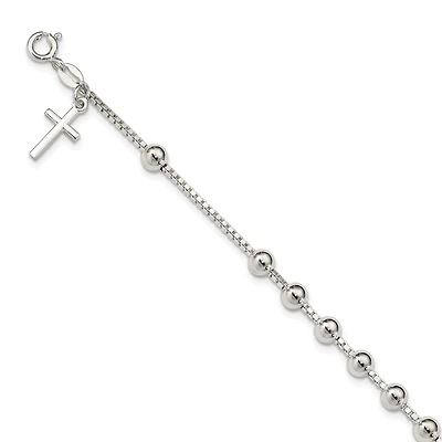 Sterling Silver 7.25-inch Beaded Cross Bracelet