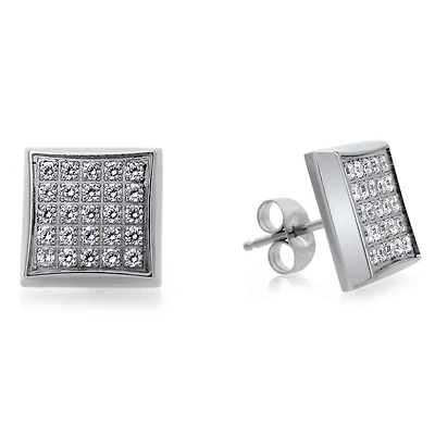 Stainless Steel Square Stud Earrings with 1/4 CTW Pave Diamonds
