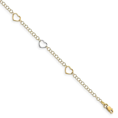 14KT White and Yellow Gold 9-inch Lobster Clasp Heart Anklet