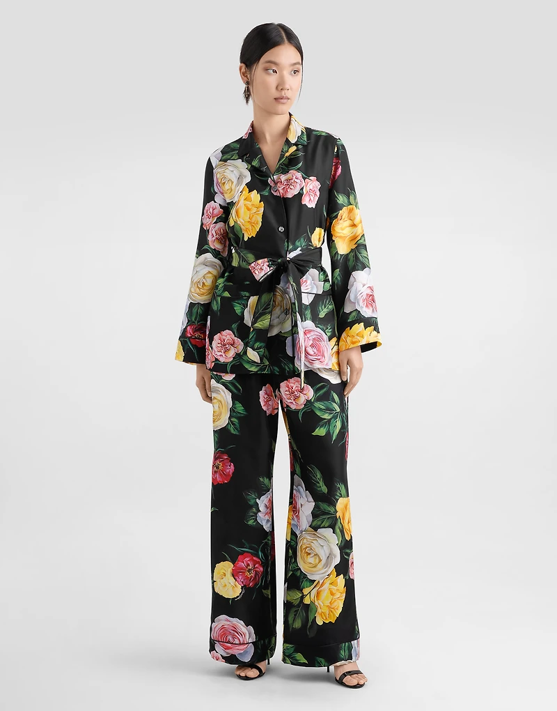 Silk habotai pajama shirt with rose and peony print