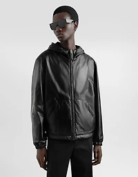Leather and fabric jacket with reversible hood