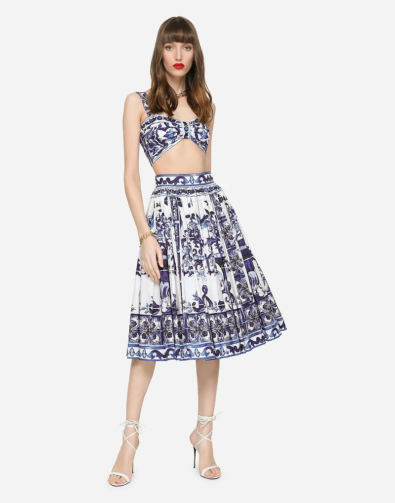Poplin midi skirt with majolica print