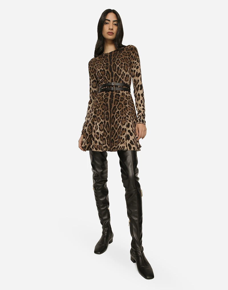 Short leopard-print cady dress