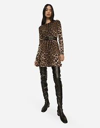 Short leopard-print cady dress