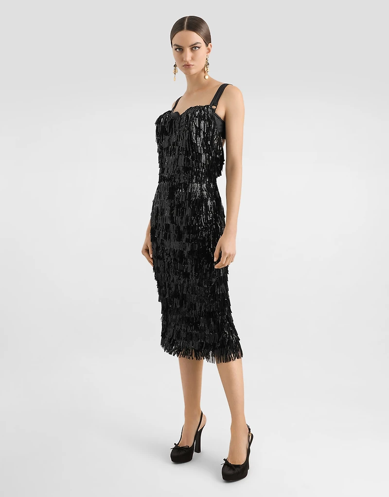 Calf-length slip dress with sequined fringing