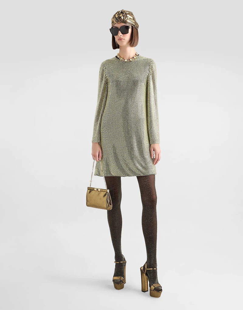 Short long-sleeved dress crystal mesh