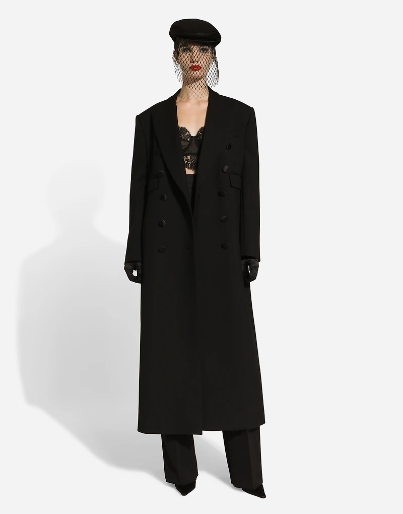 Long double-breasted tuxedo coat double wool gabardine