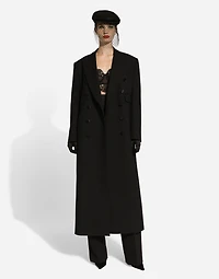Long double-breasted tuxedo coat double wool gabardine