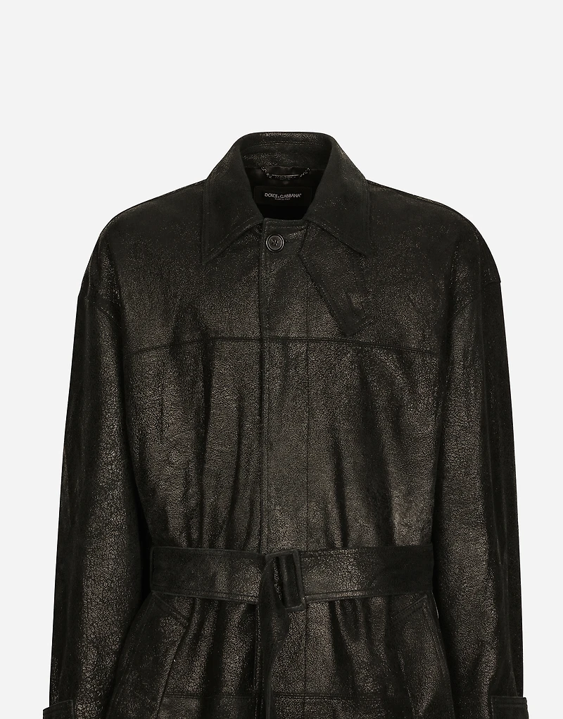 Leather trench coat with belt