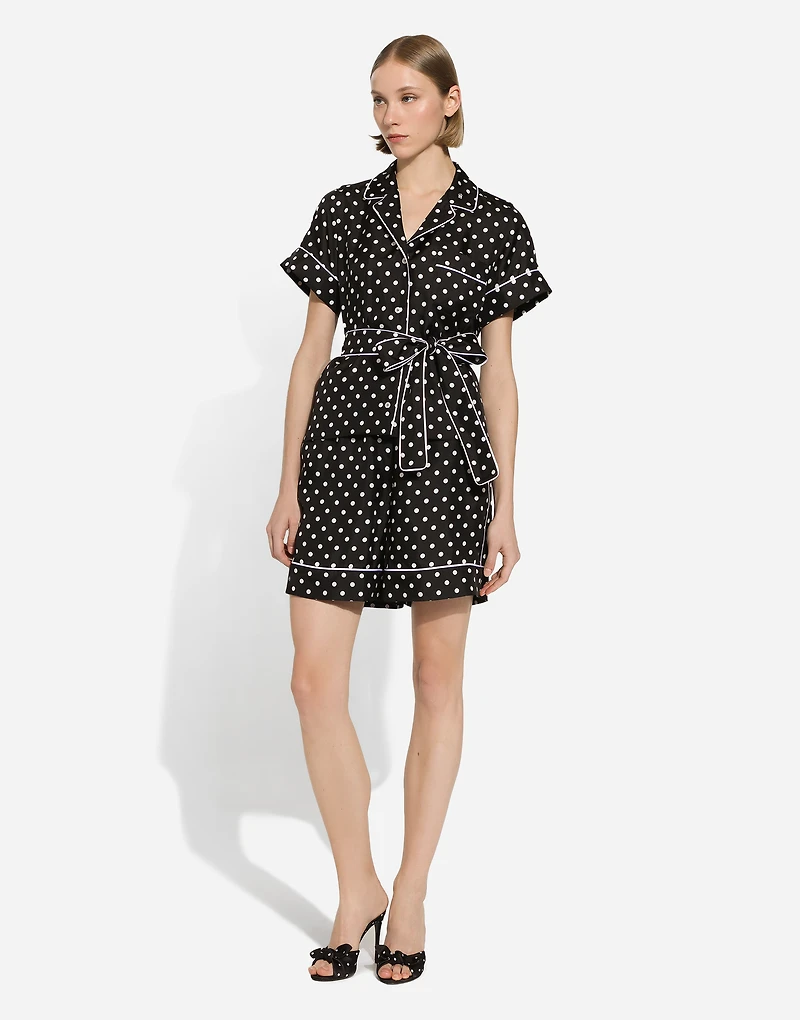 Short-sleeved silk pajama shirt with polka-dot print