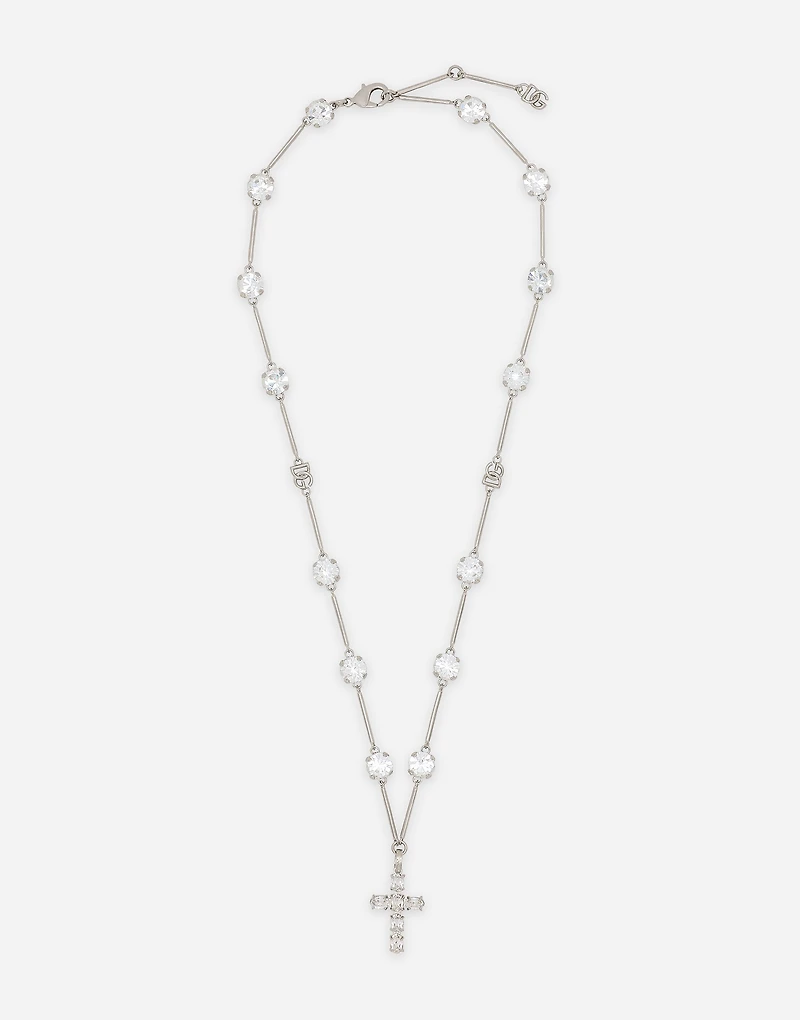 Rosary-style necklace with rhinestone-detailed crosses
