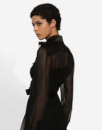 Chiffon calf-length shirt dress with satin details