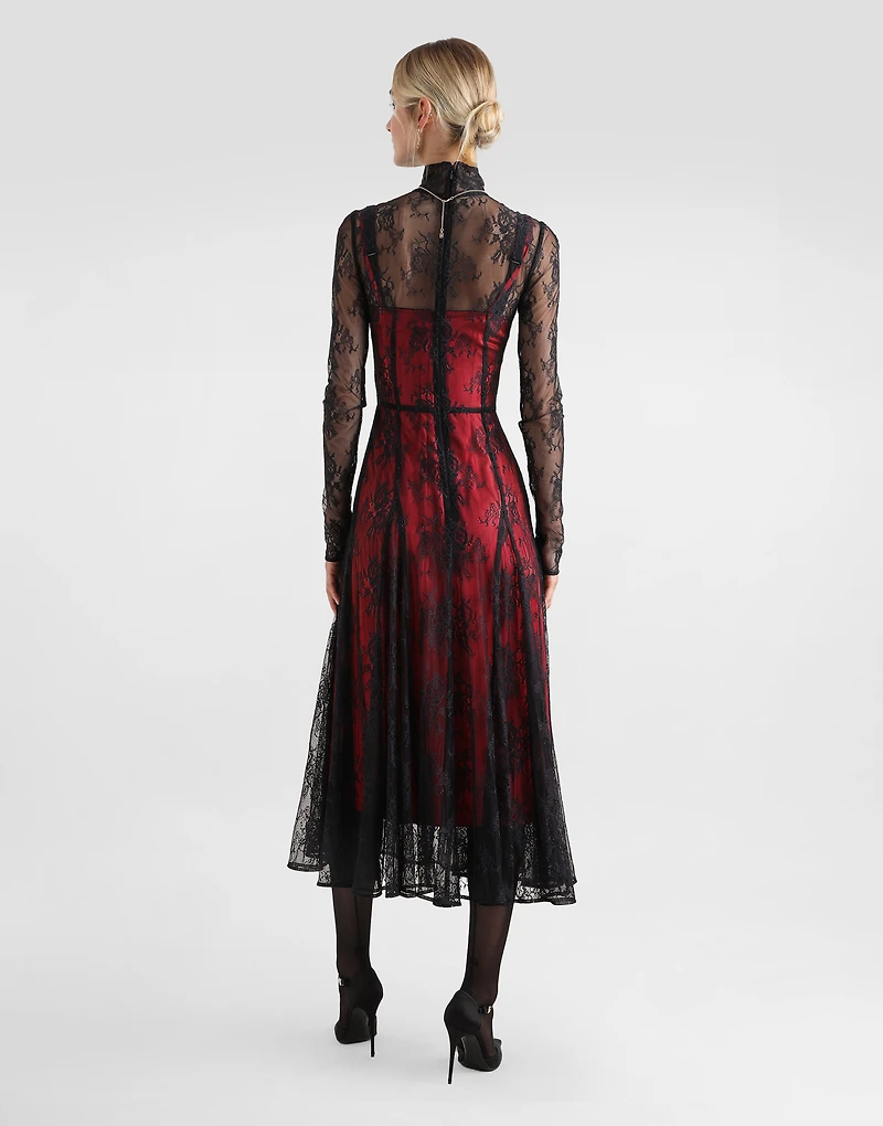 Lace calf-length dress with high neck and contrasting lining
