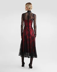 Lace calf-length dress with high neck and contrasting lining