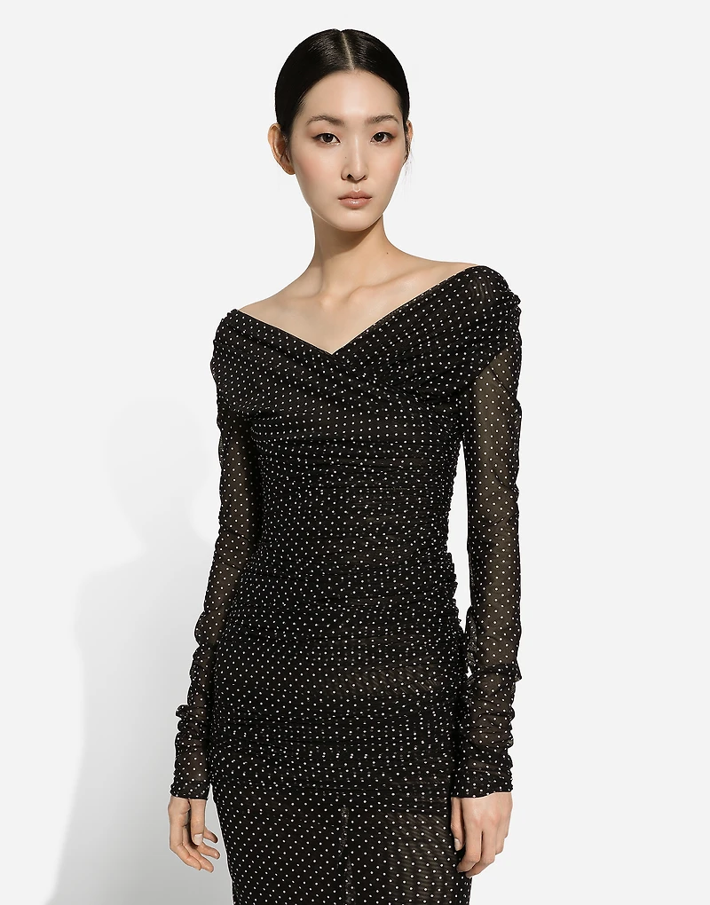 Tulle calf-length dress with draping and polka-dot print