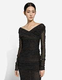 Tulle calf-length dress with draping and polka-dot print