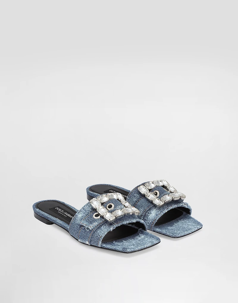 Patchwork denim slides with rhinestone buckle