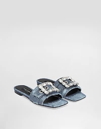 Patchwork denim slides with rhinestone buckle