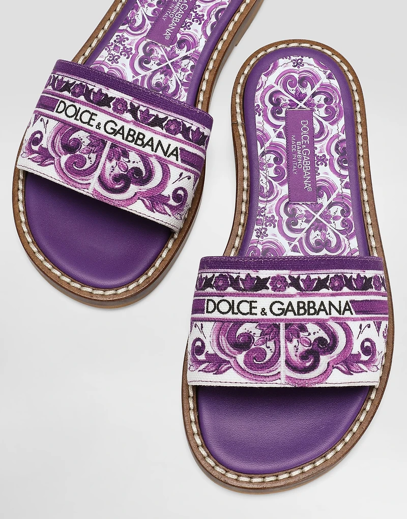 Majolica-print canvas flat slipper