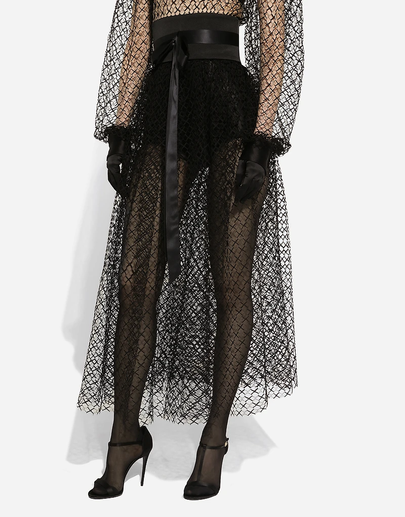 Calf-length mesh dress with wool crepe belt