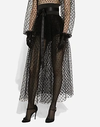 Calf-length mesh dress with wool crepe belt