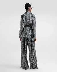 Silk satin pajama shirt with fur print