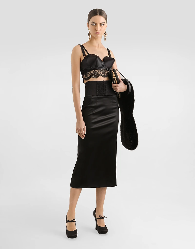 Satin calf-length skirt with corset-style belt detail